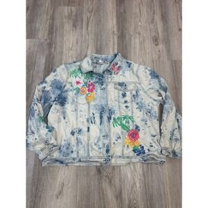 DG2 by Diane Gilman Sun-washed denim jacket floral butterfly embroidery Size 1X